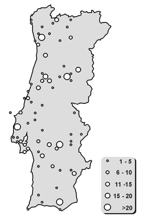 artigos com citações relevantes para esta família para o território nacional. Fig. 2. Distribuição das citações de formicídeos para Portugal Continental.