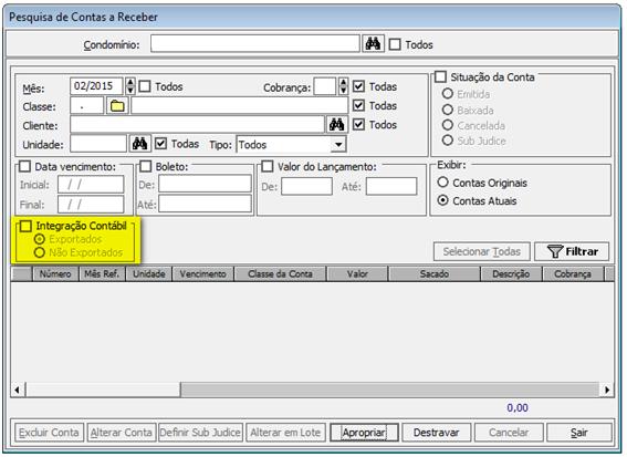 d) Após os lançamentos, acesse Menu Consultas > Contas a Receber. e) O novo parâmetro Integração Contábil para filtro consulta será apresentado na tela.