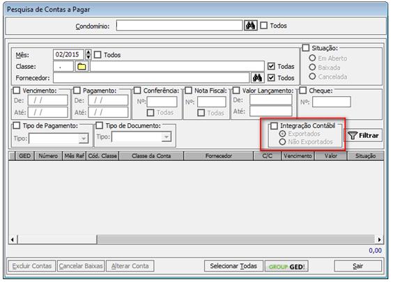 f) Selecione os filtros relativos à consulta de Contas a Pagar. j) Habilite o novo parâmetro Integração Contábil.