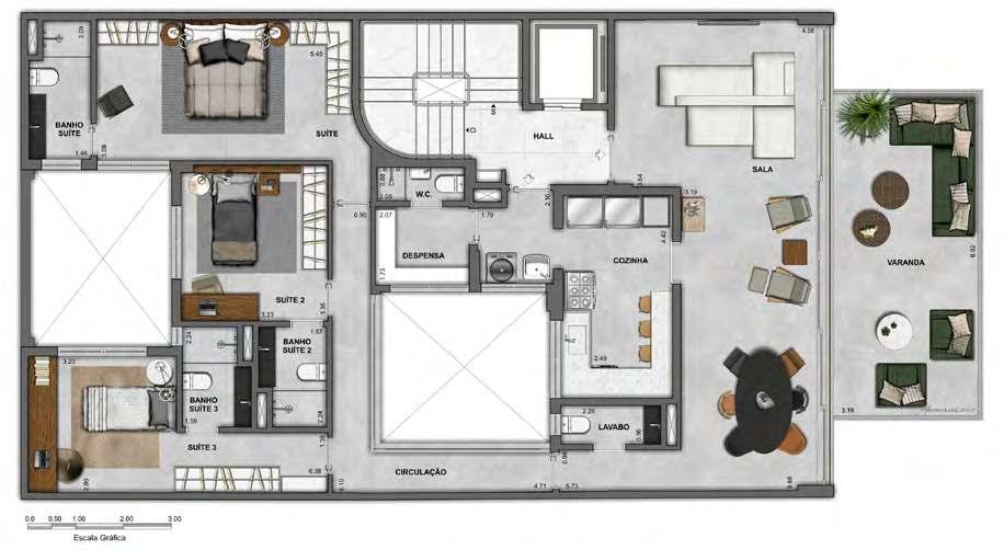 2º PAVIMENTO APARTAMENTO 201 COOL Área privativa: 134,01 m 2 (apto) + 22,24 m 2 (varanda) Área privativa total: 156,25 m 2 A decoração e os revestimentos são imagens meramente ilustrativas.