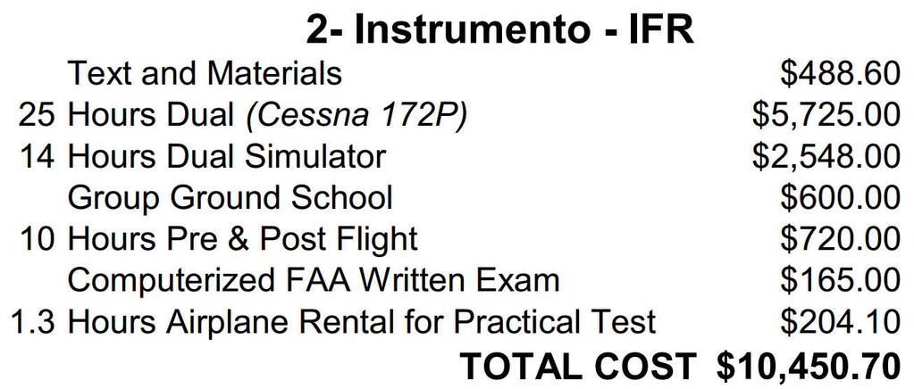 16 HILLSBORO AERO ACADEMY ESCOLA DE PILOTOS PROFISSIONAIS NOS EUA 2- Instrumento - IFR Text and Materials $488.60 25 Hours Dual (Cessna 172P) $5,725.00 14 Hours Dual Simulator $2,548.