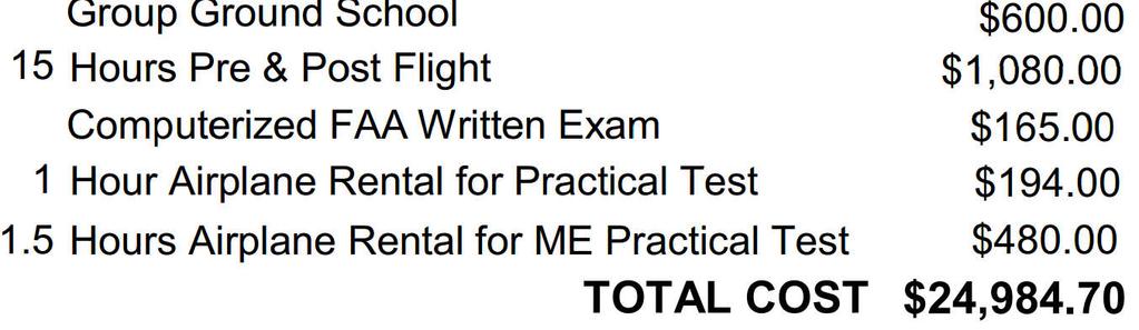 70 3- Piloto Comercial - PC - Mono e Multi Text and Materials $175.70 30 Hours Dual (Cessna 152) $5,820.00 65 Hours Solo (Cessna 152) $7,930.00 10 Hours Dual (Piper Arrow) $2,660.