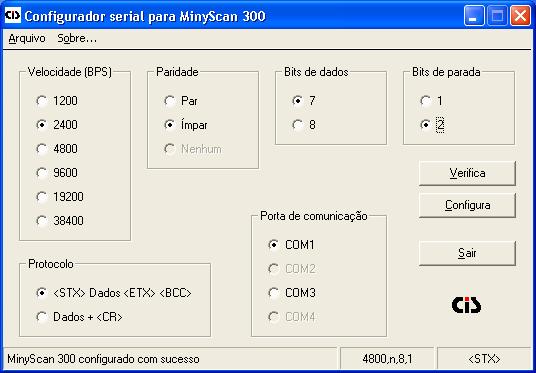 4. CONFIGURAÇÕES Neste capítulo descreveremos como configurar os parâmetros do leitor MinyScan 300 com Interface Serial. 1.