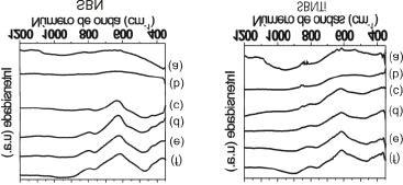 Figura 3. Espectros na região do infravermelho para o SBN e SBNTi para: (a) 400 ºC, (b) 500 ºC, (c) 600 ºC (d) 700 ºC, (e) 800 ºC e (f) 900 ºC.