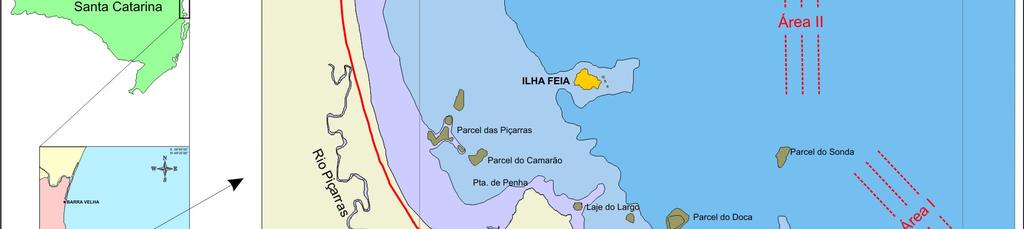 A Área I está localizada em frente à Ponta da Vigia, a Área II, próxima a Ilha Feia e a Área III está localizada em frente à Praia de