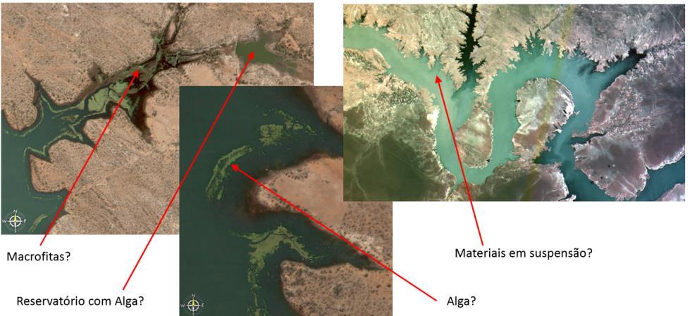 RESULTADOS E DISCUSSÃO A Figura 2 apresenta imagens do Google Earth. É possível visualizar possíveis algas, sedimentos em suspensão na água e macrófitas.