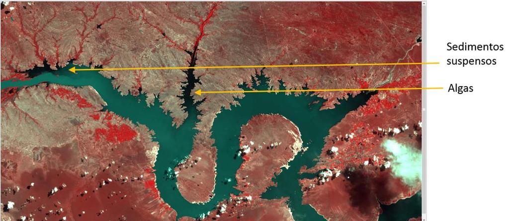 Imagem OLI de 27.04.2014, Landsat 8, combinação BGR das bandas: azul, vermelho, NIR. A vegetação mais densa ou irrigada fica em vermelho escuro. Figura 3 Análise dos sedimentos e das algas suspensas.
