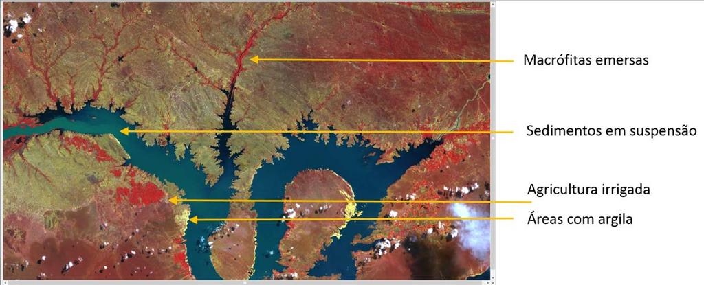 Figura 4 Biomassa e uso do solo na imagem OLI de 27.04.2014, Landsat 8, combinação BGR: bandas: azul, verde, NIR A Figura 5 destaca a egeria densa submersa e as algas suspensas em Icó-Mandantes.