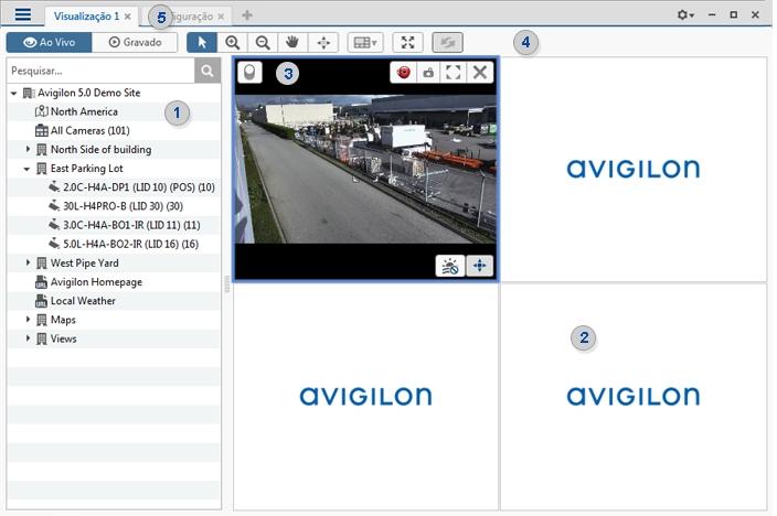 Figura 3: A janela do aplicativo do Cliente do Avigilon Control Center Recursos da janela do aplicativo Área 1 Explorador do Sistema Description Exibe todos os elementos do sistema de vigilância.