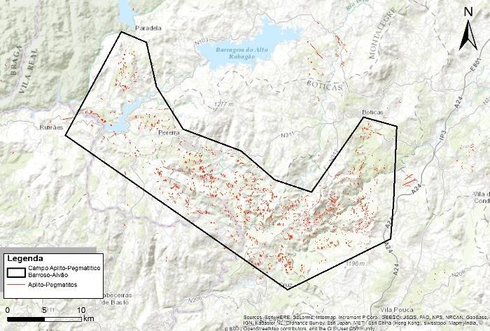 42 FCUP Abordagem multidisciplinar às mineralizações de Lítio no Campo Aplito-Pegmatítico do Barroso-Alvão, Norte de Portugal Figura 6 Delimitação do Campo Aplito-Pegmatítico do Barroso-Alvão, com a