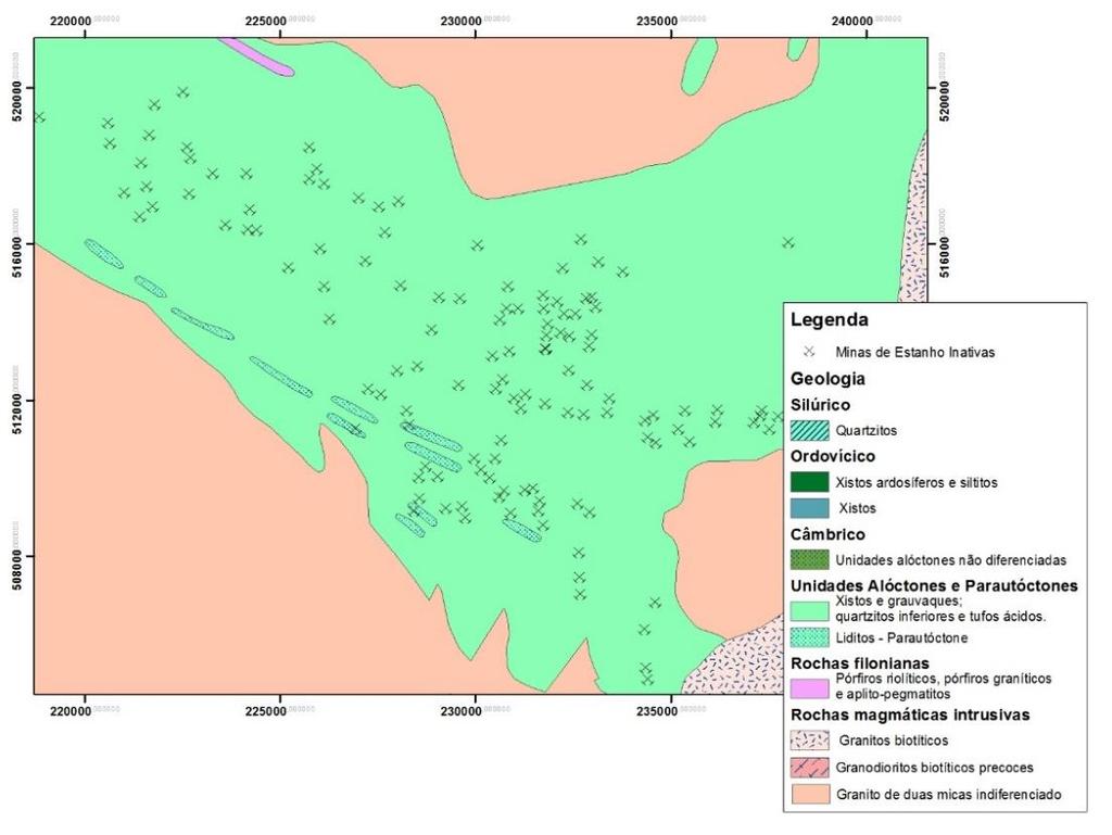 FCUP Abordagem multidisciplinar às mineralizações de Lítio no Campo Aplito-Pegmatítico do Barroso -Alvão, Norte de Portugal 67 Figura 16 Localização das explorações de estanho em aplito-pegmatitos,