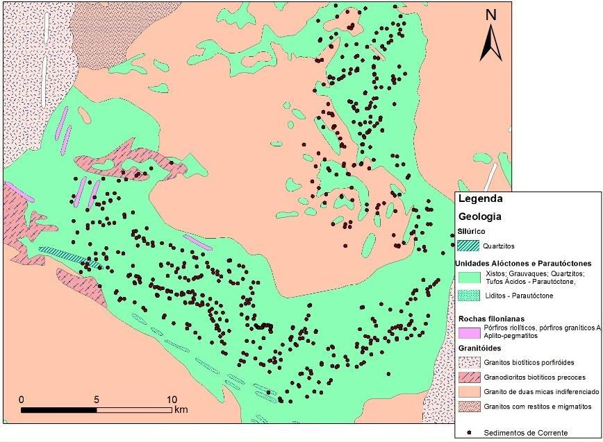 FCUP Abordagem multidisciplinar às mineralizações de Lítio no Campo Aplito-Pegmatítico do Barroso -Alvão, Norte de Portugal 69 Figura 18 Distribuição espacial dos locais de amostragem dos sedimentos