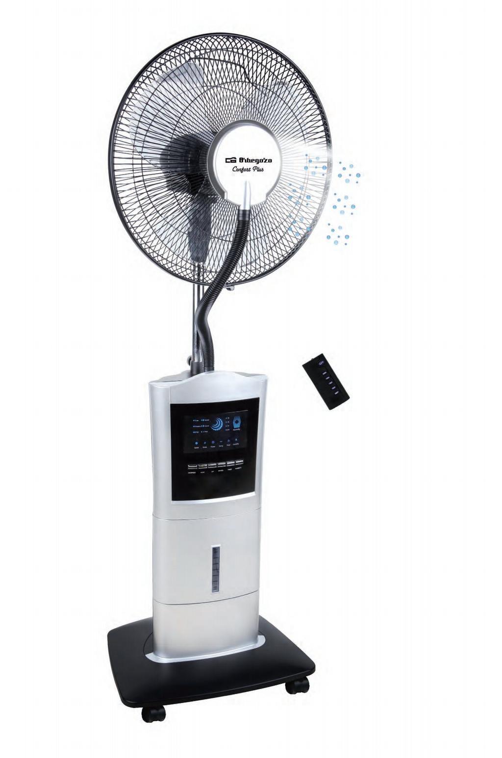 3 velocidades Diámetro aspa: 65 cm Base con ruedas para un fácil manejo Conexión: 230V, 50Hz Packing: 1 unidades Ean Code: 8436044528507 Ventilador Nebulizador Potência