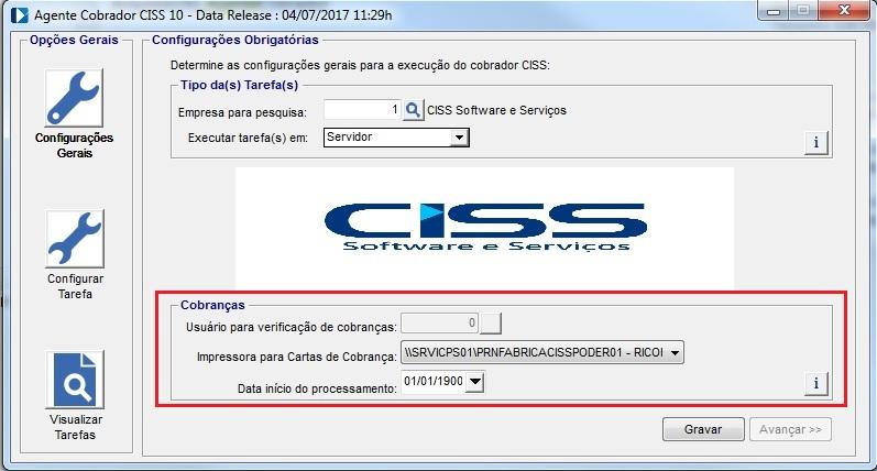 CISS). No grupo Cobranças o Agente traz os campos Usuário para Verificação de Cobranças e Impressora para Cartas de Cobrança, conforme mostra em destaque na figura abaixo.