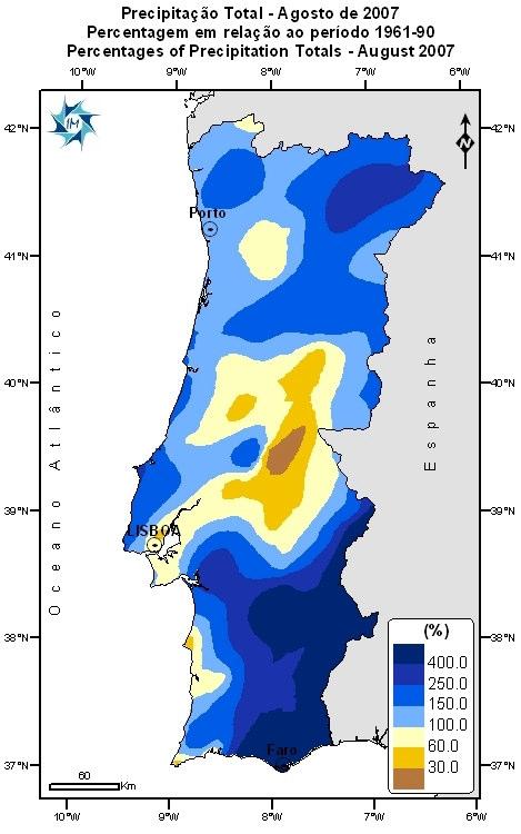 3. Precipitação Os valores da quantidade de precipitação ocorridos em Agosto de 2007, permitem classificar este mês como muito chuvoso 1 (150 % em relação à média de 1961-1990); de referir que