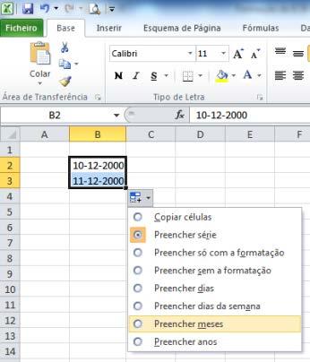 Introdução de Séries de Dados Sequencias Datas No caso de uma variação do dia ou do mês, esta irá automaticamente alterar também o mês ou o