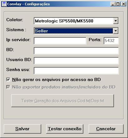 PREENCHA O SEGUINTES CAMPOS: - SISTEMA: SELLER DEMAIS CAMPOS DEVEM FICAR EM BRANCO; CLIQUE EM SALVAR PARA GRAVAR ESTAS CONFIGURAÇÕES; OBS: O ARQUIVO PADRAO COM O INVENTARIO IMPORTADO CHAMA-SE DADOS.