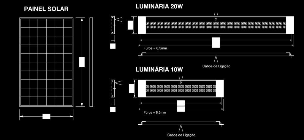 4- Especificações Especificações Elétricas Painel Fotovoltaico: de 230 a 260Wp, 60 células cristalinas, Voc 36,7V, pp 29,7V, Impp 8,15A, Isc 8,5A Luminária 10W: 10 conjuntos de 4 LEDs, potência total