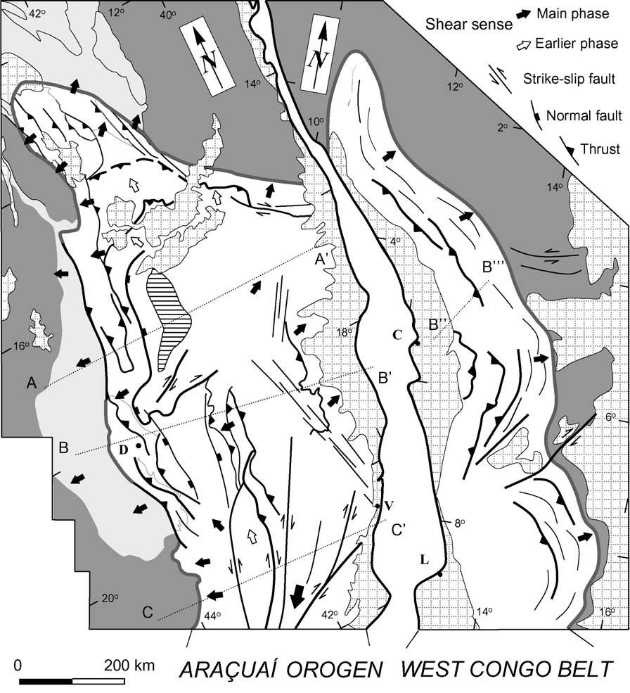 Figura 7. Sinopse cinemática do Orógeno Araçuaí-Congo Ocidental, em mapa e perfis (retirado de Alkmim et al., 2006).
