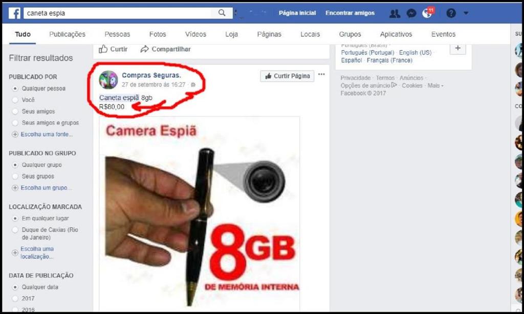 Vendendo pelo Facebook: Nos exemplos acima observamos o produto, Caneta espiã, seu preço de compra no site fornecedor da China e seu preço de venda e lucro vendendo no mercado livre, loja virtual,