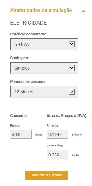 Para na parte inferior esquerda da página, é apresentado no menu Alterar dados da simulação o campo dos Os meus preços (s/iva), onde deverão