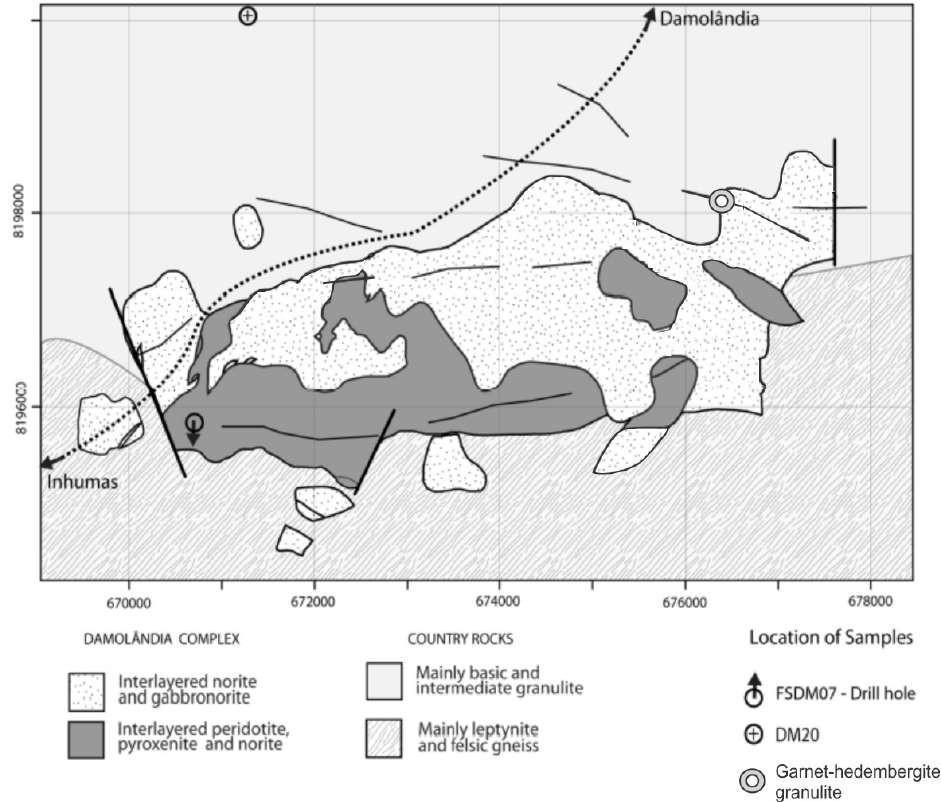 Figura 3: Geologia do Complexo de Damolândia (de um trabalho não publicado pela International Nickel Venture Ltd., modificado de Della Giustina, 211