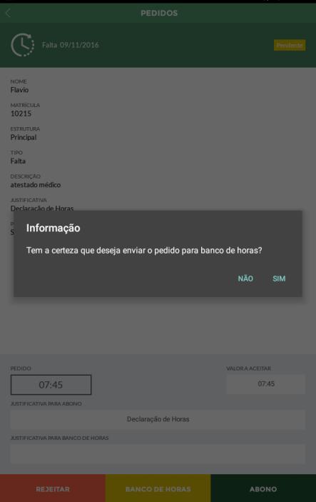 Justificativa Banco Horas o gestor pode selecionar a Justificitiva enviando para banco de horas o atraso ou a falta.