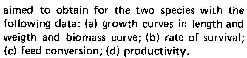 aimed t btain fr the tw species with the fllwing data: (a) grwth curves in length and weigth and bimass curve; (b) rate f survival; (c) feed cnversin; (d) prductivity.
