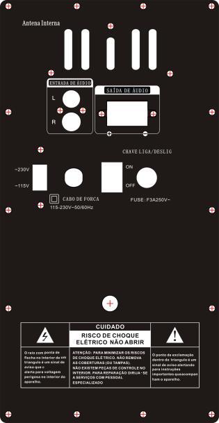 2. ENTRADA DE ÁUDIO 3. SAÍDA DE ÁUDIO 4. CONECTOR DO CABO DE FORÇA 5. CHAVE SELETORA DE TENSÃO 115/230V 6. CHAVE LIGA/DESLIGA 7. FUSE CONEXÕES DE SISTEMA 1.