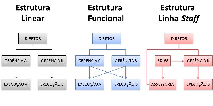 Estrutura linha-staff Os cargos que executam as atividades fim da empresa são colocados em linha, e o restante das atividades são consideradas staff.