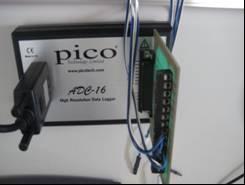A aquisição e registo da massa e da radiação foram efectuados através da conexão da balança e do piranómetro a uma placa USB 6008, da National Instruments (Fig.