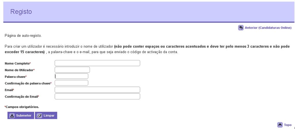 Preenchendo todos os dados correctamente, ao clicar em Submeter é enviado um mail para o candidato, para confirmação do registo.