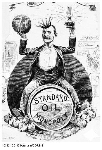 O personagem em destaque no cartum é John Davson Rockefeller, fundador da Standard Oil Company.