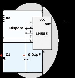 Na figura anterior, o temporizador 555 está conectado a um circuito multivibrador monoestável.