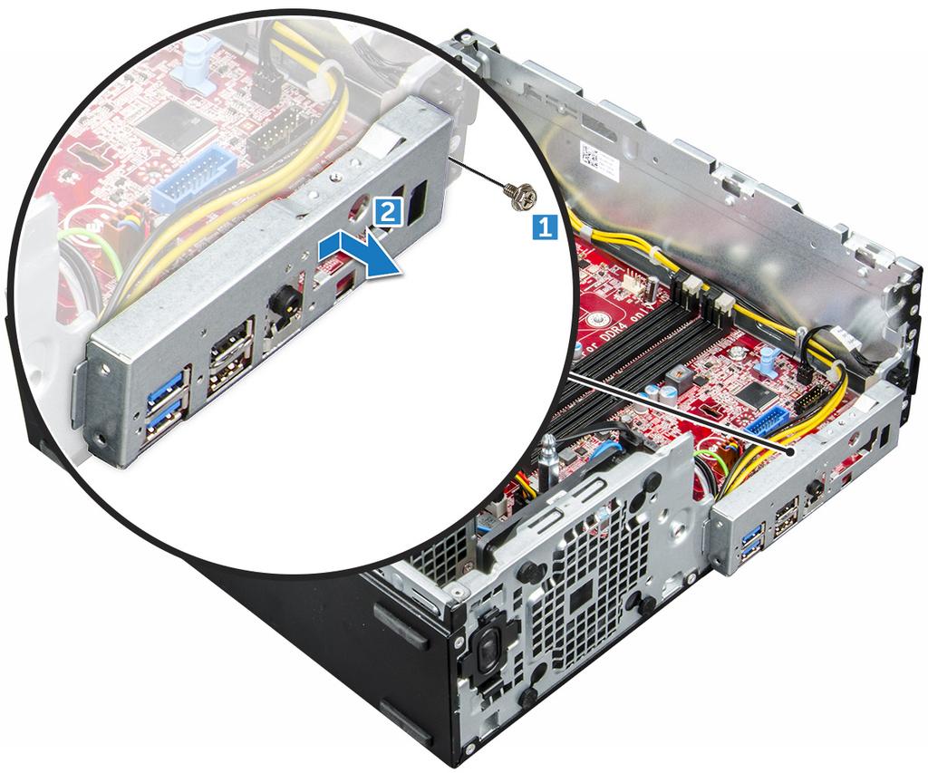 e dissipador de calor f processador g placa de expansão h módulo de memória i SSD PCIe M.2 j Leitor de cartões SD 3 Para retirar o painel de E/S: a Retire o parafuso que fixa o painel de E/S [1].