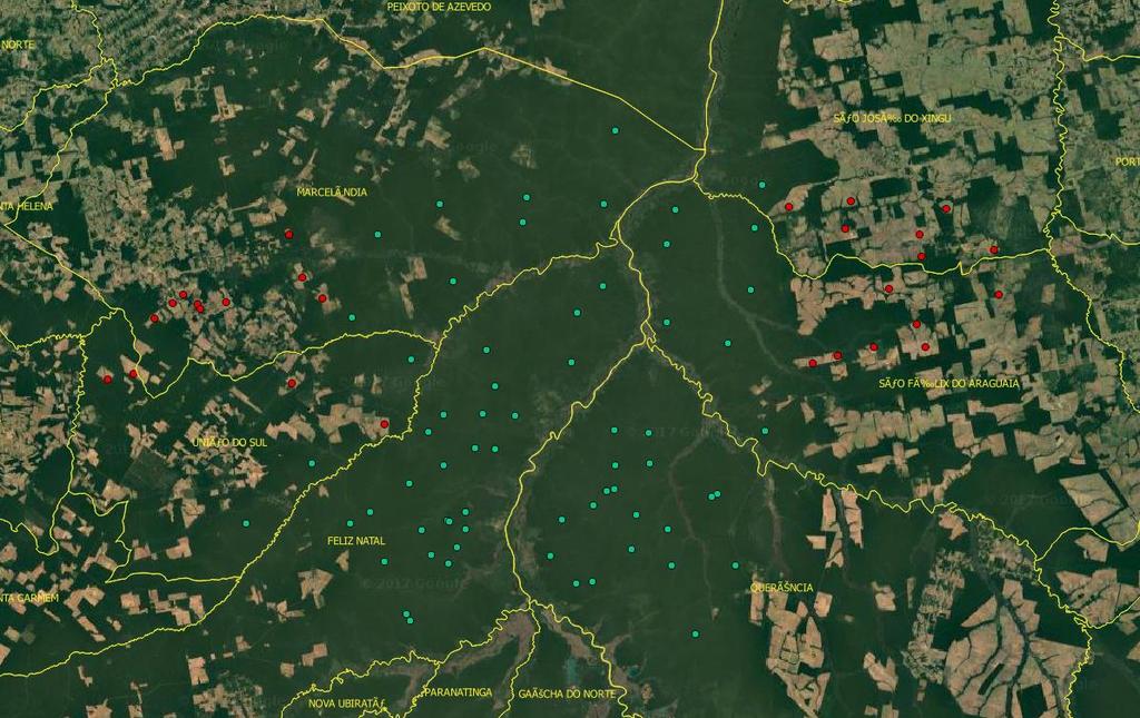 Figura 3- Área de estudo com amostras localizadas de floresta e de desflorestamento Com a definição das coordenadas das amostras, temos o acesso aos dados de temperatura de todas as datas disponíveis.