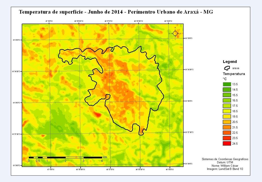 Figura 2: Temperatura de superfície do mês de Junho de 2014 do perímetro urbano do município de Araxá/MG De acordo com a figura 2, as temperaturas mais altas da cidade de Araxá-MG no mês de junho de