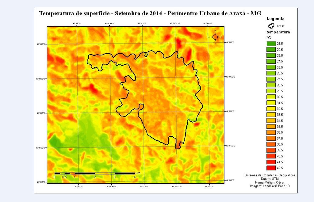 Figura 3: Temperatura de superfície do mês de Setembro de 2014 do perímetro urbano do município de Araxá MG De acordo com a figura 3, observa-se um aumento gradativo das temperaturas em todas as