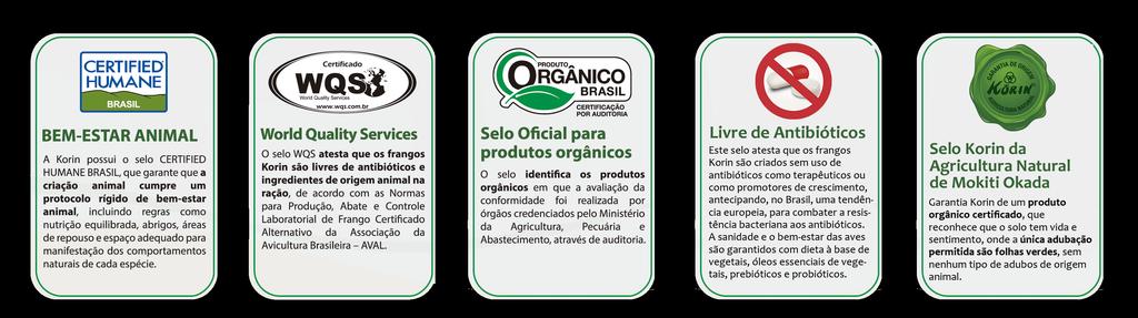 Certificações e Selos Pioneira no Brasil na produção de frango livre de antibióticos certificação WQS; 1ª empresa