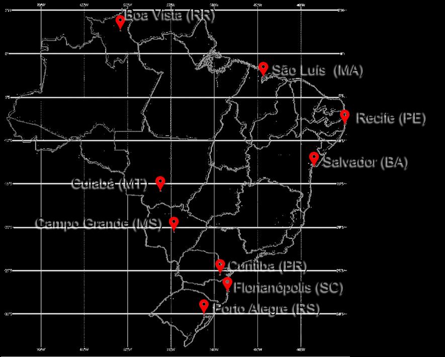 Figura 49 Localização das cidades estudadas no mapa do Brasil. 126 5.1.4 Arquivos Climáticos Fonte: Elaborado pela autora.