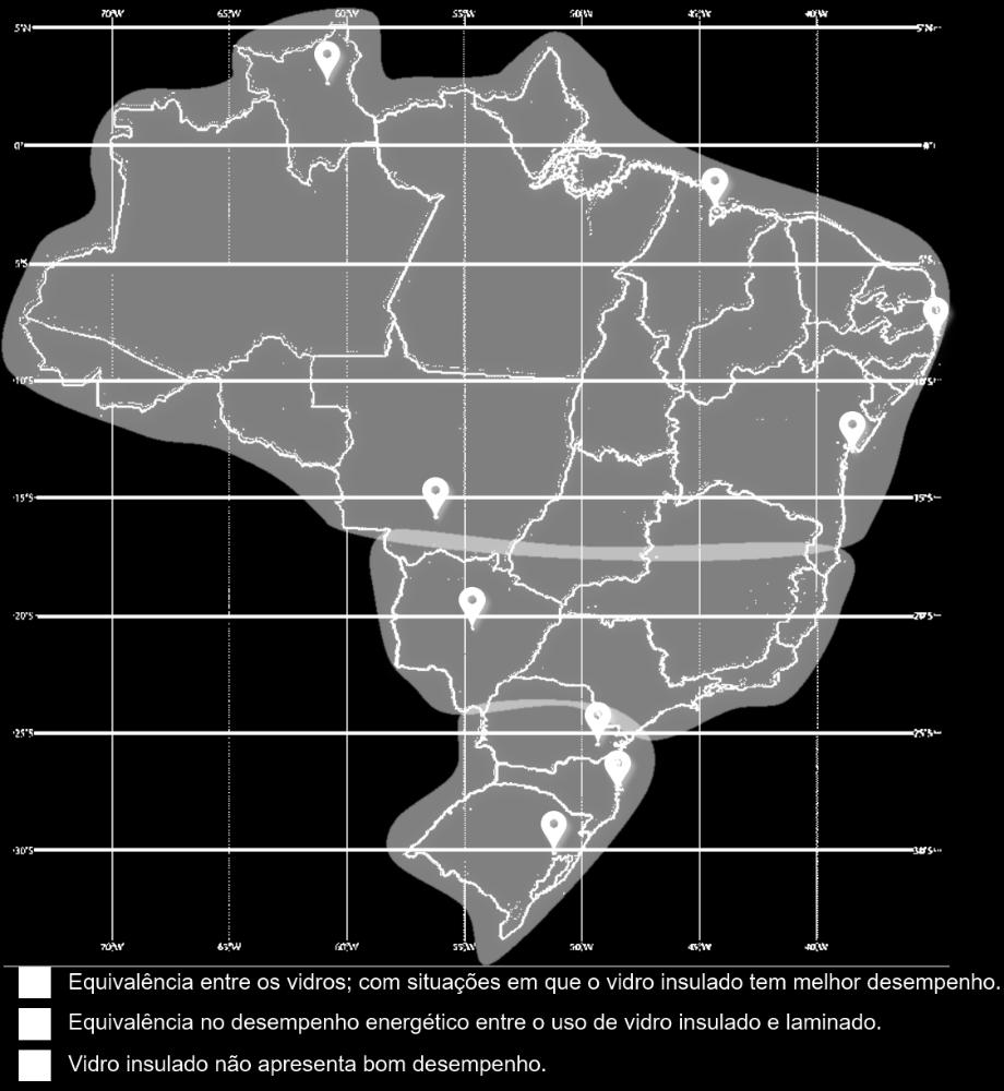 134 A Figura 52 demonstra geograficamente os resultados encontrados. Na região mais a sul (em verde) o vidro insulado não apresentou resultados positivos.