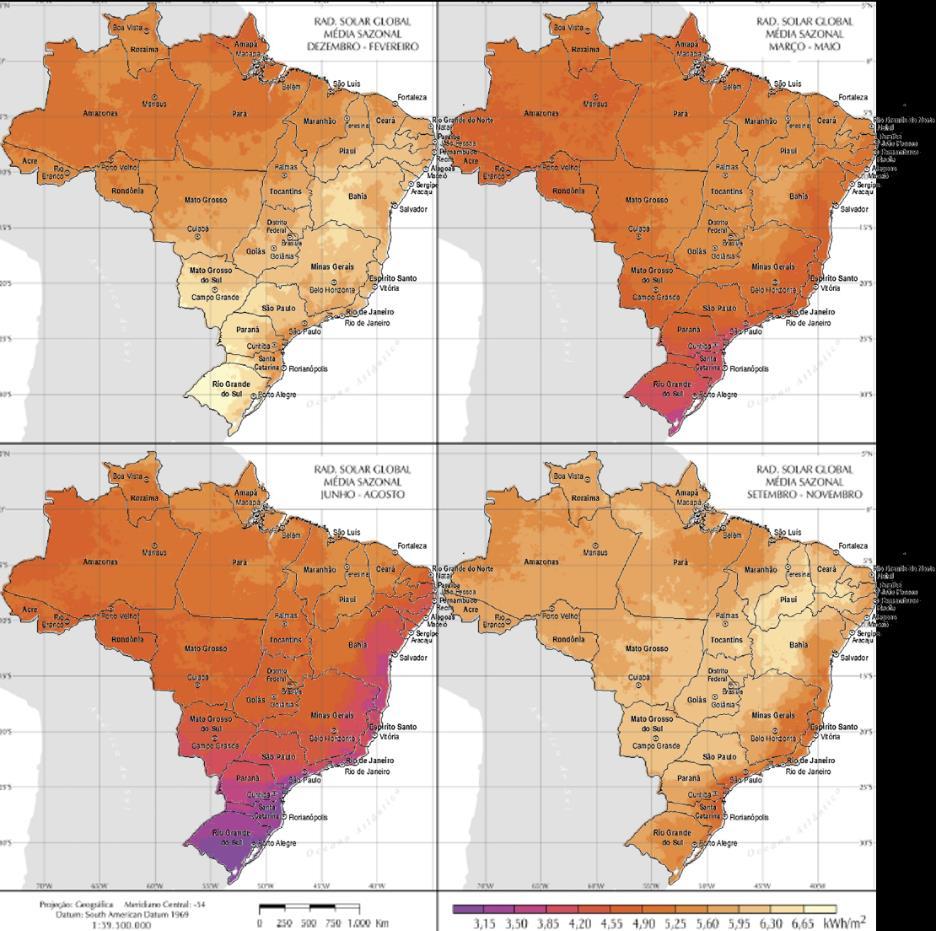 92 Figura 35- Radiação Solar Global Média Sazonal: Brasil Fonte: Atlas Brasileiro de Energia Solar (PEREIRA et al., 2006). Adaptado pela autora. 4.1.