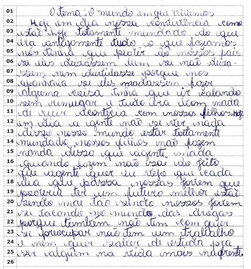 Esse texto, produzido por um aluno da 3ª série EM, a princípio parece falar do tema A RELAÇÃO DOS SERES HUMANOS COM O PLANETA, ao se realizar uma leitura isolada do título.