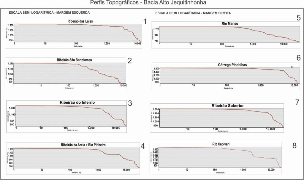 Figura 2: Perfis longitudinais em escala semi-logarítmica de afluentes do rio Jequitinhonha.