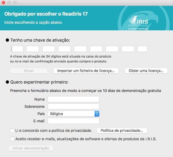 Instalação e ativação Instalação Transfira o pacote Readiris a partir de www.irislink.com/softwaredownload. Execute o pacote de instalação do Readiris e siga as instruções no ecrã.