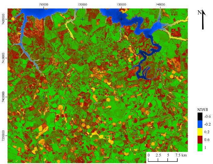 34 Imagens do Landsat... áreas com solo exposto, os valores de 0,31 a 0.44 (NDVI) e 0,14 a 0.26 (SAVI), já em cultura com pleno desenvolvimento vegetativo 0,91 a 0.95 (NDVI) e 0.65 a 0,77 (SAVI).