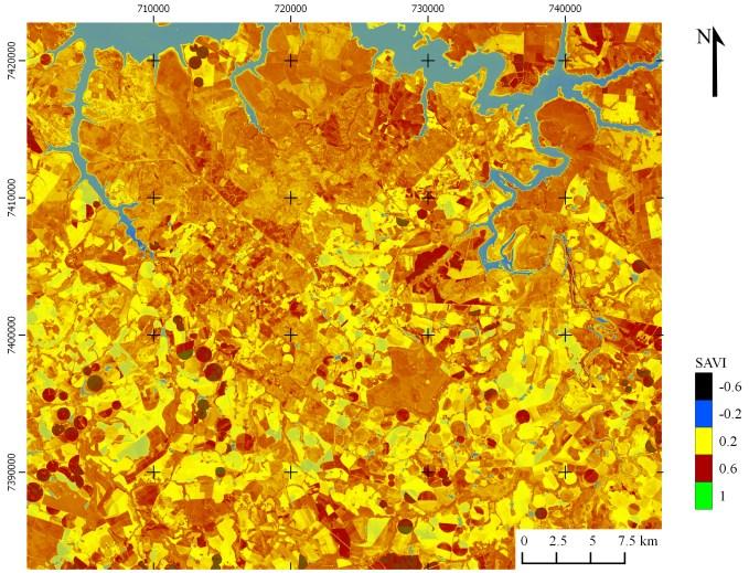 (2011), que utilizando imagens do Landsat-5/TM em período seco, obtiveram em suas analises no uso do solo para o município de Santa Cruz do Rio Pardo - SP, áreas de solo exposto (-0,1 a < 0,2) e