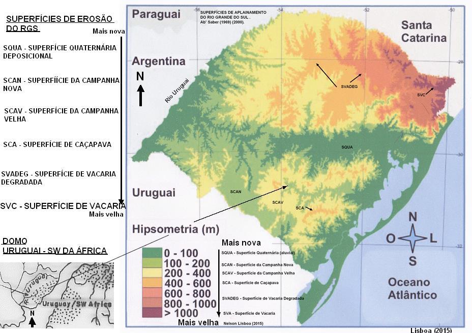 Fig. 3. 15 Superfícies de erosão e deposição do Rio Grande do Sul e seu posicionamento em relação ao Mega Domo Uruguai SW da África.