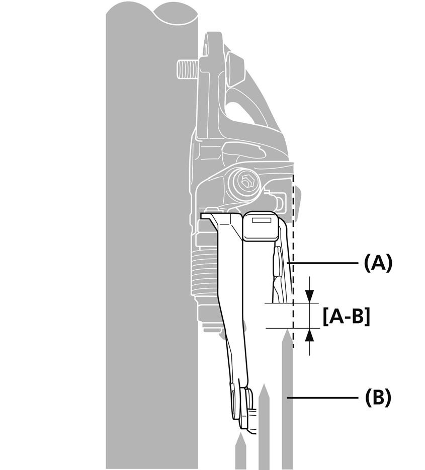 Certifique-se de que a distância [A-B] da extremidade dos dentes da roda da pedaleira maior seja de 1 a 3 mm.