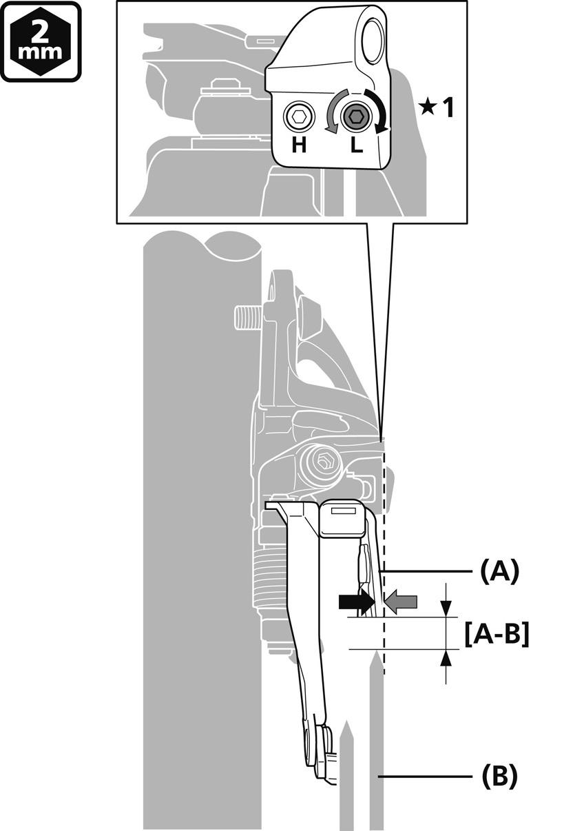 Certifique-se de que a distância [A-B] da extremidade dos dentes da roda da pedaleira maior seja de 1 a 3 mm. 3. Quando o ajuste estiver concluído, aperte o parafuso de fixação.